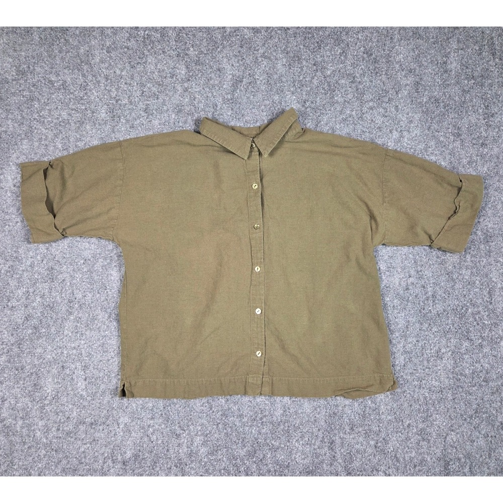Eileen Fisher Button Down Shirt Womens Medium Green Organic Cotton Linen Boxy